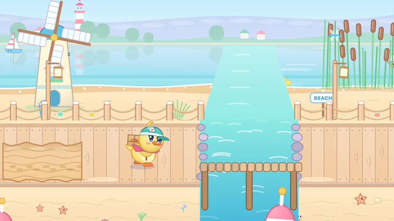 On the Boardwalk way of Mirror Lake, Dilly walks along wide wooden planks toward a gap of turquoise water with a small wooden jetty in it, past a patch of wet sand; behind a rope railing stand a sleepy cream windmill with white sails and a blue door, a lantern on a post and a pink and white lighthouse farther back, a little sailboat with a face floats on the calm lake, tall reeds with cattails and a dragonfly rise on the right next to a BEACH sign, and starfish and a pink buoy sit on the sand in front