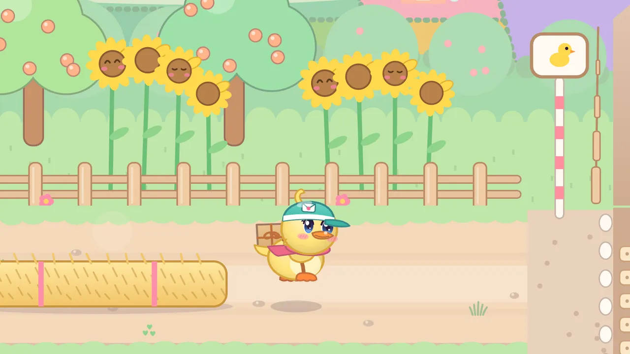 Dilly, a yellow duckling in a teal courier cap with a pink scarf and a parcel on her back, hops along a sandy farm path on the Meadow way of Drizzle Dale; behind a wooden rail fence stand two rows of tall sunflowers, every other one with a happy, smiling face, under round trees full of peaches, a long hay bale tied with pink bands lies on the path behind her, and at the right a duck sign on a pink and white striped post marks where a country lane crosses the path