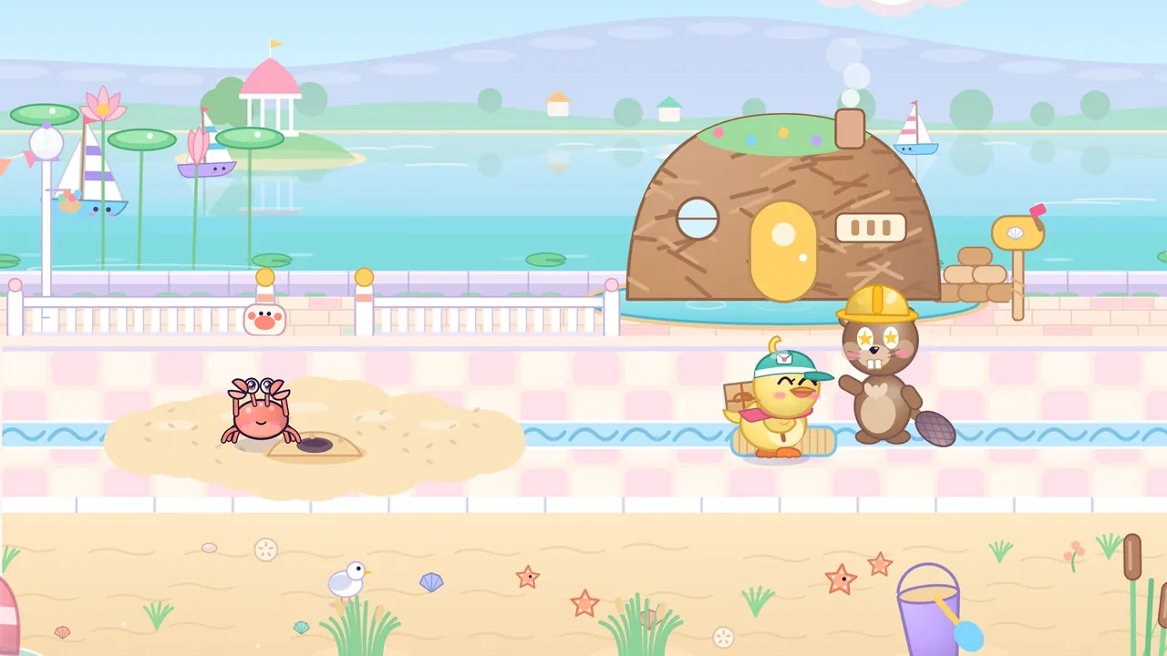 Bucky, a brown beaver in a yellow hard hat with big starry eyes, waves next to Dilly the duckling, who carries a parcel, on a pink checkered promenade by a stick lodge with a round porthole, a yellow door and smoke rising from its chimney; to the left a red crab sits on a patch of soft sand by its burrow, and behind a white railing the lake has lily pads with pink lotus flowers, a little island with a gazebo and sailboats
