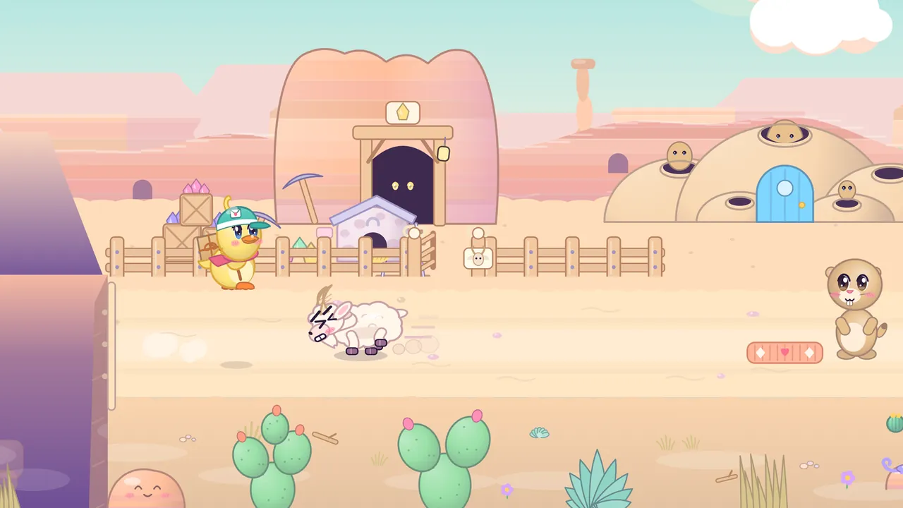A white fluffy goat with curved horns and angry squeezed-shut eyes charges along a sandy path in a pink desert, kicking up dust, while Dilly the duckling in a teal courier cap with a parcel on her back is up by a wooden fence; behind them a mine tunnel with glowing eyes in the dark, a pickaxe, crates of crystals, a sandy mound of prairie-dog burrows with a blue door and prairie dogs peeking out, a prairie dog standing by a heart doormat on the right, cacti in front and the purple edge of a chasm on the left