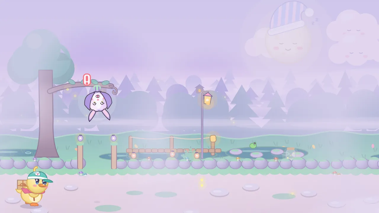 A lilac, misty marsh at twilight: Dilly the duckling with a parcel walks on stepping stones in the lower left corner, a white and purple bat hangs upside down from a tree branch with a red exclamation mark above it, a glowing lantern stands by a rope boardwalk, a small green frog sits on a lily pad in a bog pool, misty pine forests fade into the back, and high in the sky a sleeping moon in a striped nightcap with Z’s floating up sits in front of a cloud, next to two sleepy clouds