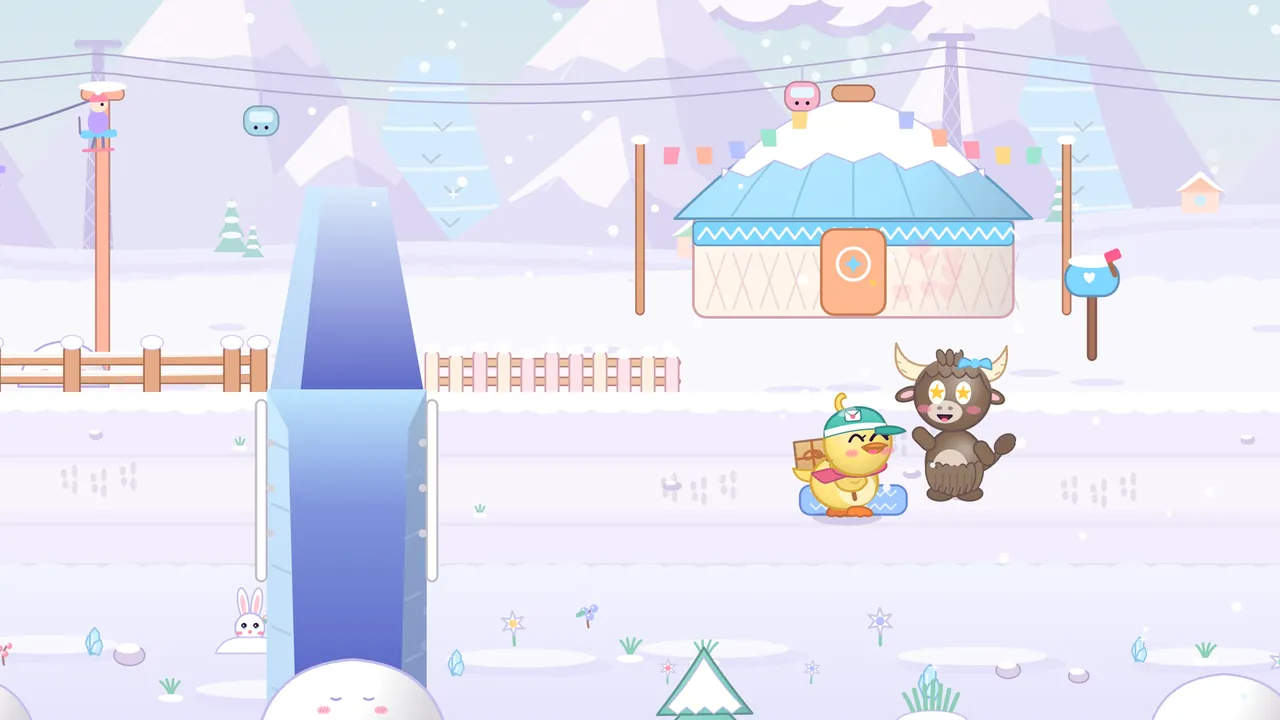 Yuki, a dark brown yak with curved horns, bangs, a light-blue bow and big starry eyes, stands in the snow next to Dilly the duckling, who holds a parcel; behind them a round hut with a blue roof, a round door and colored bunting, a mailbox on a post, a ski lift with skiers on the chairs, a deep blue ice crevasse on the left, a little white bunny in the snow and falling snowflakes everywhere