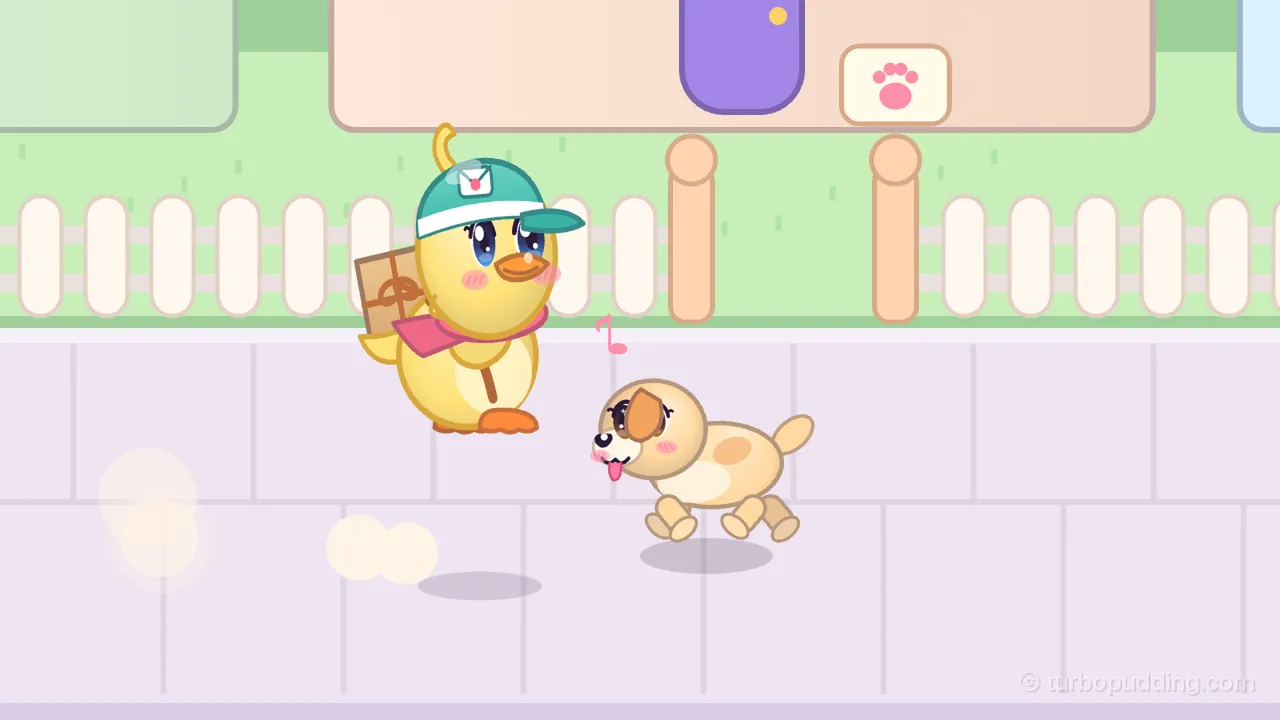 Day 1 in Pudding Town, on the Town way to Pip’s door: Dilly, a round yellow duckling courier in a teal cap with an envelope badge and a pink scarf, a brown parcel tied on her back, is up in the air over a lilac sidewalk, heading right, with two puffs of dust behind her; just ahead, a small cream puppy with a brown patch over one eye, pink cheeks and its tongue out runs toward her with a pink music note above its head, out of an open gate between two peach posts in the white picket fence, with a paw-print sign on the peach house behind it