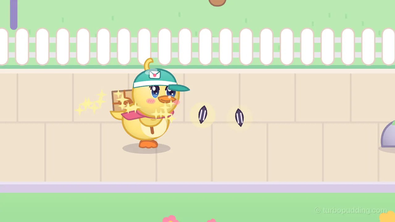 Day 4 in Pudding Town, on the Park way to Fennel’s door: Dilly, the round yellow duckling courier in a teal cap with an envelope badge and a pink scarf, a brown parcel on her back, walks to the right along a wide sandy sidewalk with yellow sparkles bursting around her from a seed she has just picked up; two more striped sunflower seeds float ahead of her in soft yellow glows, a small gray rock peeks in at the right edge, and a long white picket fence runs behind her over green grass