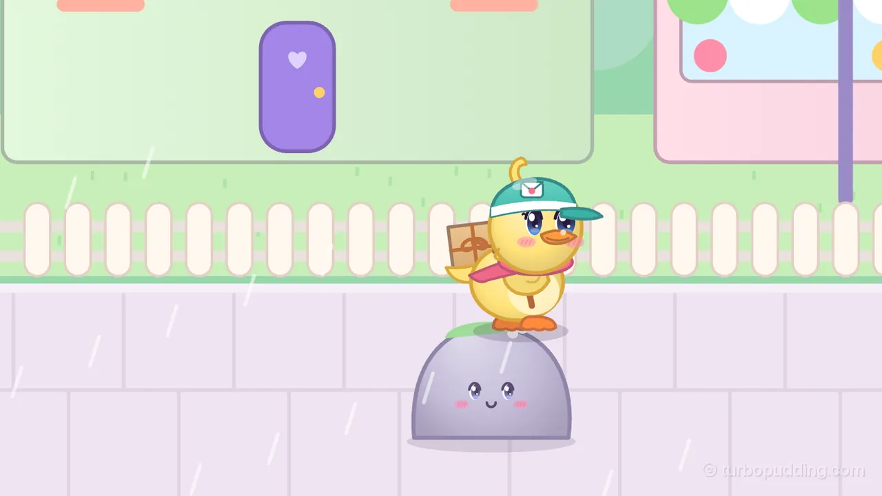 Day 3 in Pudding Town, Puddle Parade, on the Town way to Clover’s door: Dilly, the round yellow duckling courier in her teal cap and pink scarf with a brown parcel on her back, stands on top of a big gray rock with a little smiling face and pink cheeks, a tuft of grass on its top, in the middle of a lilac sidewalk; thin streaks of rain fall across the picture, and behind a white picket fence stand a pale green house with a purple door with a heart on it and a pink shop with a green and white awning and a purple street lamp