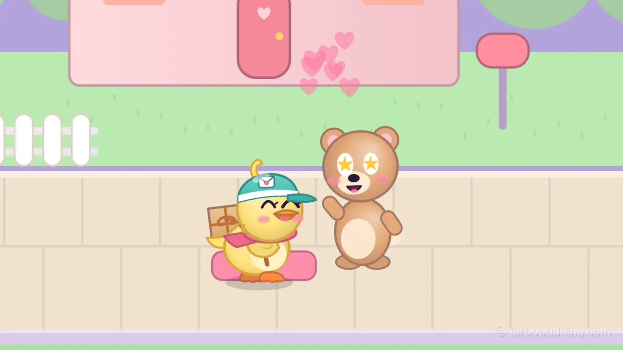 Day 4 in Pudding Town at sunset, at the end of the Park way: Dilly, a round yellow duckling courier in a teal cap with an envelope badge and a pink scarf, a brown parcel tied on her back, stands on a pink doormat with her eyes squeezed shut in a happy smile, next to Toffee, a light brown bear with a cream belly, round ears with pink insides, pink cheeks and yellow stars for eyes, who waves one paw with mouth open; little pink hearts float up by the pink door of the pink house behind them, with a pink mailbox on a post to the right and a white picket fence to the left, on a warm beige tiled sidewalk