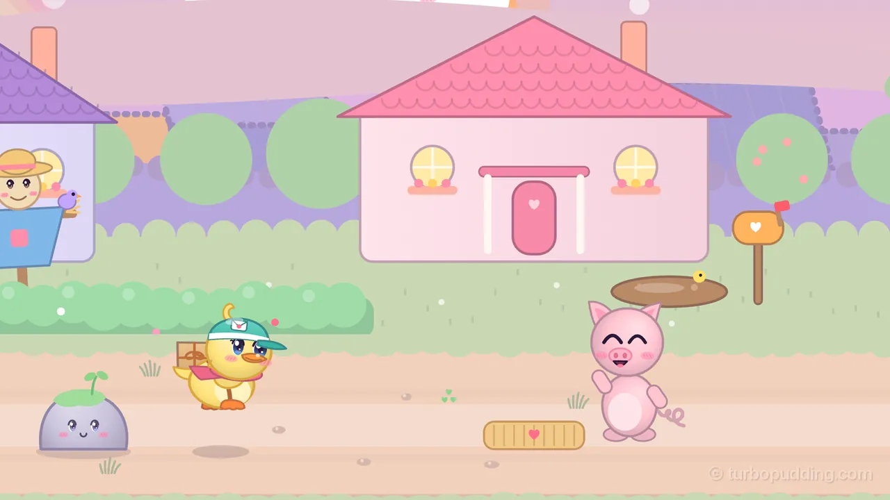 Drizzle Dale under a pink and lilac sky: Dilly, the yellow duckling courier with her teal cap, pink scarf and parcel, hops through the air above the sandy path toward Pumpkin, a round pink piglet with a curly tail who stands smiling with eyes shut and paws together; between them lies a straw doormat with a little heart, and behind them stand a pink cottage with a heart on its door, a round mud puddle with a tiny yellow bird beside it, an orange mailbox with a red flag, a scarecrow in a straw hat in front of a lilac house, and a small purple rock with a sleepy face and a sprout