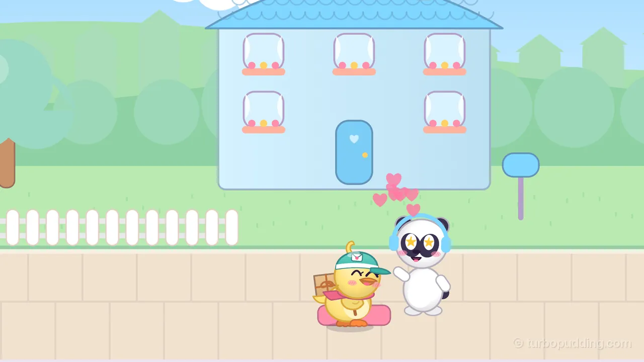 A sunny day in Pudding Town: Dilly, the yellow duckling courier in her teal cap and pink scarf, a parcel on her back, stands on a pink doormat on a tiled sidewalk with her eyes squeezed shut in a happy smile, while Bao, a round white panda with black ears and eye patches, light blue headphones and star-shaped eyes, waves a paw beside her as pink hearts float up; behind them are a white picket fence, a pale blue two-story house with a heart on its blue door and flower boxes under every window, and a little blue mailbox on a post