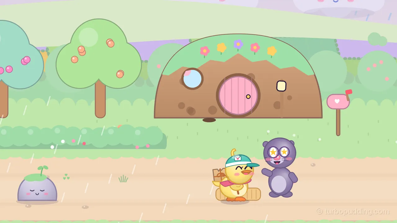 Drizzle Dale in the rain: Dilly, a round yellow duckling courier in a teal cap with an envelope badge and a pink scarf, a parcel on her back, stands on a straw doormat with her eyes squeezed shut in a happy smile, next to Clem, a round purple mole with big round glasses full of yellow stars, who waves a paw at her; behind them is Clem’s home, a grassy mound with flowers growing on top, a round pink door, a round window and a little lamp, with a pink mailbox on a post beside it, fruit trees and a hedge on the left, and a small purple rock with a sleepy face and a sprout on its head sitting on the sandy path