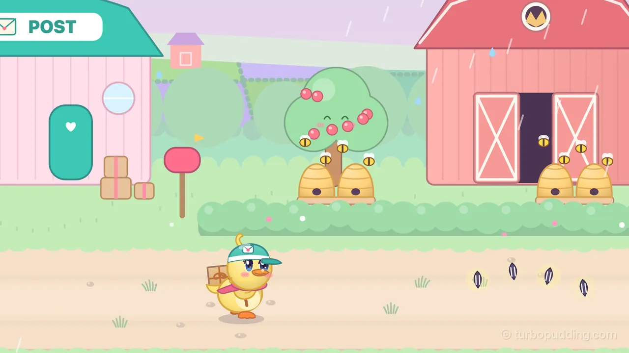 Drizzle Dale on a rainy day: Dilly, a round yellow duckling courier in a teal cap with an envelope badge and a pink scarf, a brown parcel tied on her back, walks along a sandy farm path, drawn large; behind her on the left stands the branch post office, a pink building with a teal roof, a white POST board with an envelope on it, a teal door with a heart, three stacked parcels by the wall and a pink mailbox on a post, and to the right a fruit tree with a smiling face and red fruit, four straw beehives with bees buzzing around them and a big red barn with white crossed doors, while a few sunflower seeds lie on the path ahead of her