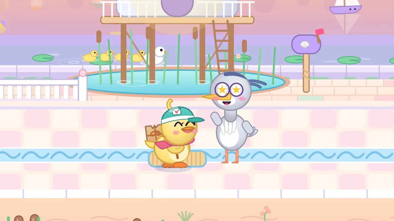 Dilly the yellow duckling courier, eyes squeezed shut in a happy smile, stands on a wooden doormat with a parcel on her back next to Aunt Reed, a gray heron with round glasses that sparkle with yellow stars and a curl of blue feathers on her head, who waves a wing on a pink-and-cream tiled promenade; behind them a stilt house on wooden legs with a ladder rises over a small turquoise pond with cattails and reeds, four yellow ducklings and a swan swim past lily pads, a purple mailbox with a shell sits on a post, and a little sailboat with a face floats on the lake under a pink sunset sky