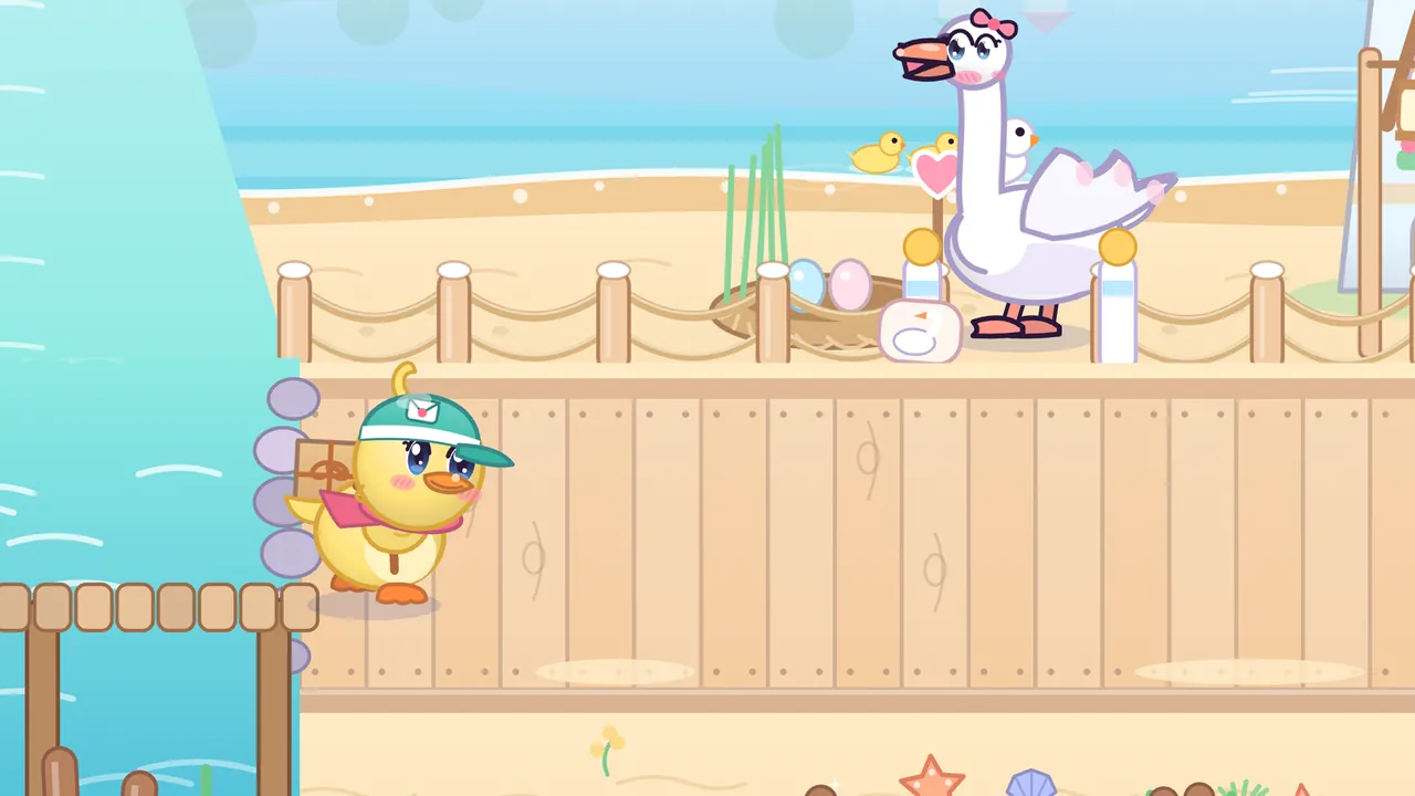 A white swan with a pink bow and lifted wings stands guard on a sandy beach behind a rope fence, beside its round reed nest with a pale blue egg and a pink egg, a heart sign and a small gate sign with a swan on it, while below on a wooden boardwalk Dilly the yellow duckling courier in a teal cap with a parcel on her back walks in from the left, past a little wooden pier and the turquoise water, with two yellow ducklings and a swan swimming in the blue sea far behind