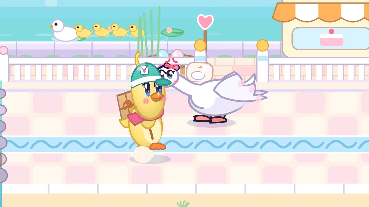 A white swan with a pink bow and an angry mark above its head stretches its long neck to grab at Dilly, a yellow duckling courier in a teal cap with an envelope badge, a brown parcel on her back and a pink scarf, who leans back hard on a pink-and-cream tiled promenade with a wavy blue stripe; behind them are a white railing, a reed nest with two pastel eggs, a heart sign, a café with an orange-and-white striped awning and a cake in the window, and on the turquoise lake a swan leads four yellow ducklings past a lily pad
