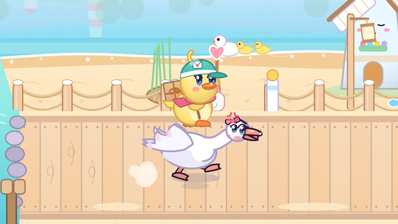 Dilly, a yellow duckling courier in a teal cap with an envelope badge, a brown parcel on her back and a pink scarf, hops high over a charging white swan with a pink bow, an angry mark and a pink-orange beak on a wooden boardwalk, with a puff of dust behind the swan; behind them a rope fence on a sunny sandy beach, a reed nest among tall reeds, a heart sign, a swan and two yellow ducklings swimming in the blue sea, and a white beach house with a hanging lantern on the right