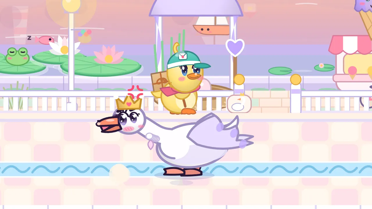 The Swan Queen, a big white swan with a gold crown, an angry mark above it, long lashes, a pearl necklace and lavender-tipped wings, charges left along a pink-and-cream tiled promenade with dust puffing behind her feet, while Dilly the yellow duckling courier floats in the air just above her in a teal cap with a parcel on her back; behind them a white railing, a gate post sign with a crowned swan, a white pavilion with a lilac roof, lily pads and lotus flowers with a sleeping frog and a sleeping fish, a little sailboat with a face and an ice-cream kiosk under a sunset sky
