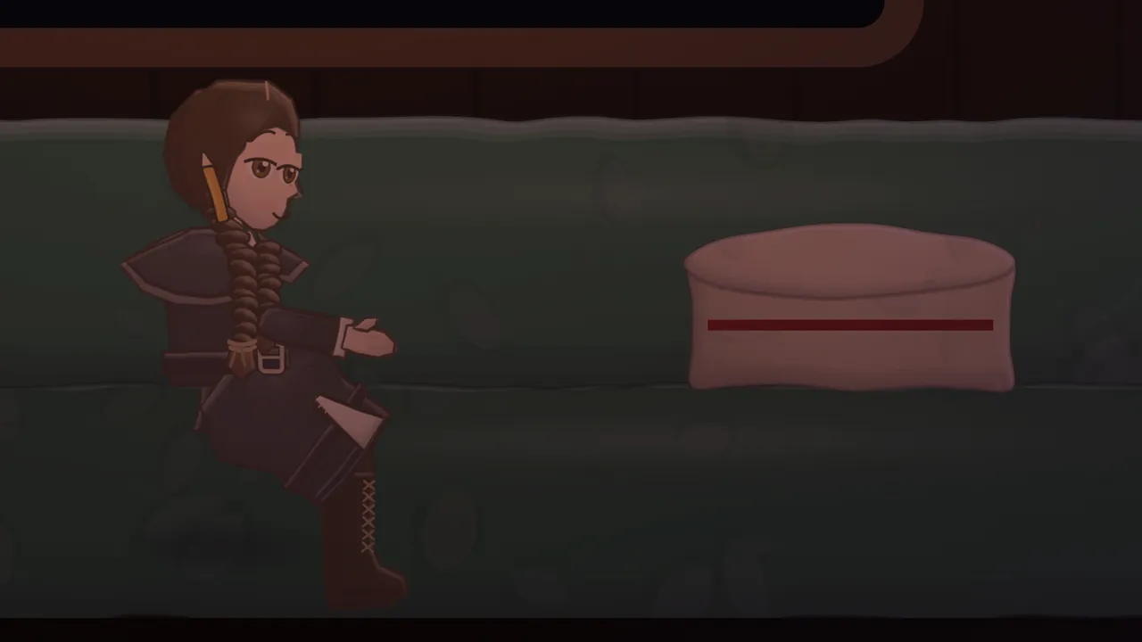A dim train compartment lit by a single lamp: Daina, a girl with a long dark braid and a yellow pencil tucked behind her ear, sits on a long dark green bench in a dark cape and lace-up boots, one hand resting on her knee, and looks across at a round pinkish hatbox with a dark red stripe that sits on the bench beside her; above them, the bottom of a big black window frame in polished wood