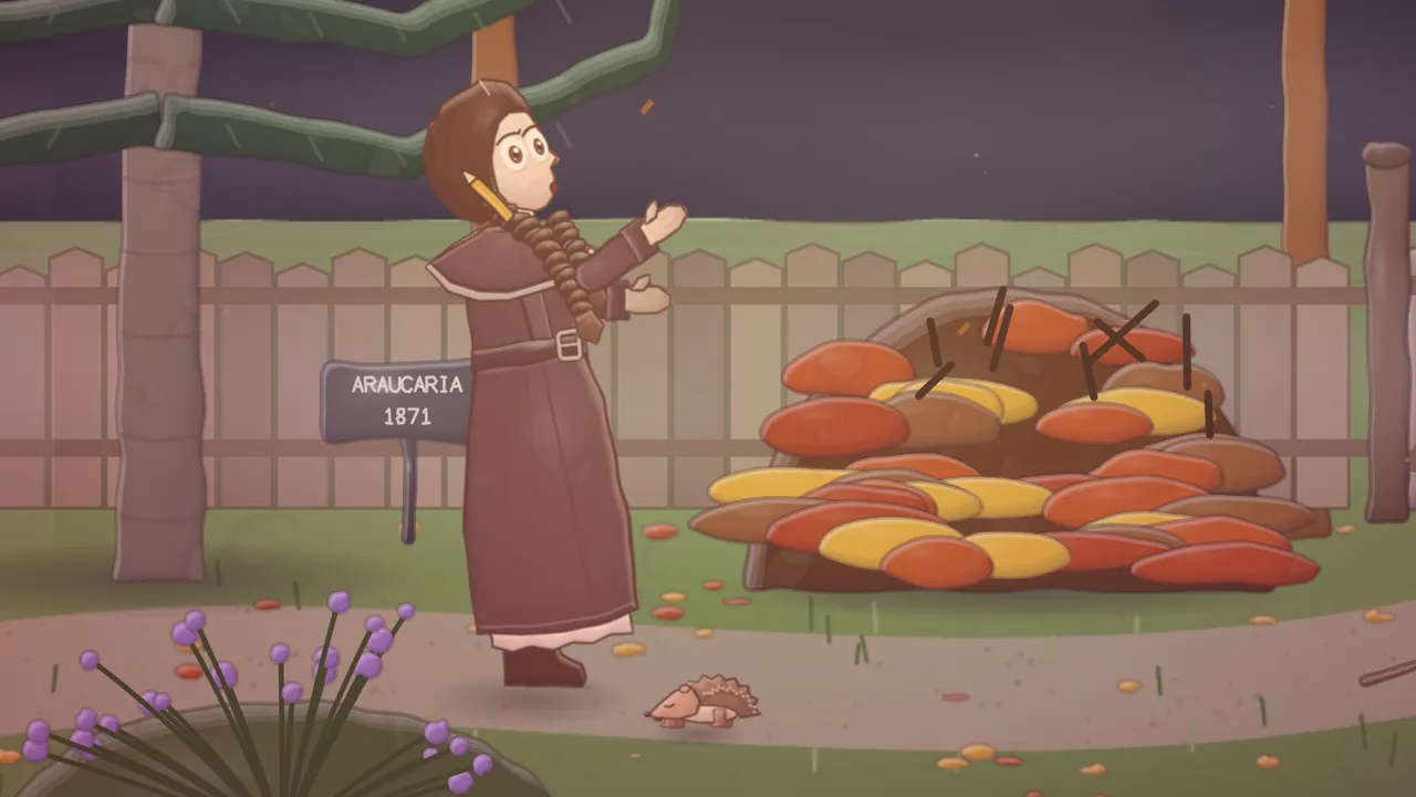 The sanatorium garden at dusk under a purple sky: Daina, a girl with a long dark braid and a yellow pencil behind her ear, in a long brown coat, throws up her hands in surprise beside a sign that reads ARAUCARIA 1871, while at her feet a small brown hedgehog with its eyes squeezed shut is caught mid-sneeze on the path; behind them a big heap of red, orange and yellow leaves with sticks poking out of it sits by a wooden fence