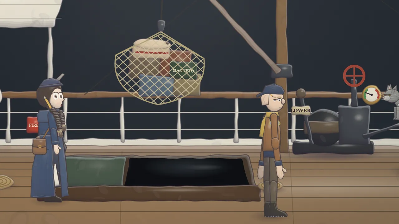 The deck of a steamer under a dark sky: on the left, Daina in a long blue coat, a navy cap and a satchel, her braid over her shoulder, stares up wide-eyed at a cargo net that hangs from a wooden boom over the open hold, packed with trunks and cases, a green one marked MAGNETO, and a round pale hatbox with a red stripe on the very top; on the right, Teo, a tall young man in a backwards cap, a brown leather jacket and a mustard scarf, stands on the planks in front of a black steam winch with a red wheel and a pressure gauge, and a gray striped cat peeks in at the right edge
