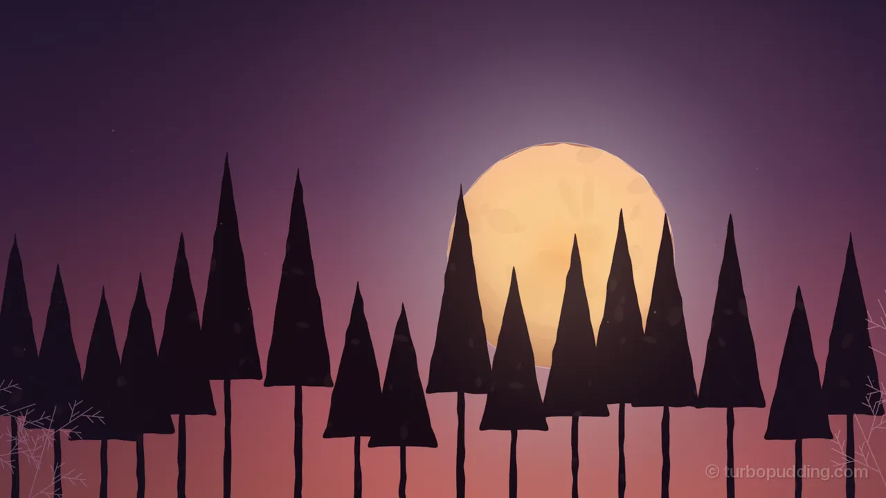Dusk over a pine wood: a huge pale orange moon, with the faint shape of a hare on its face, rises behind a row of tall, flat, dark pine silhouettes on thin straight trunks, against a sky that fades from deep purple at the top to rose pink near the ground, with thin bare twigs at both edges of the frame.