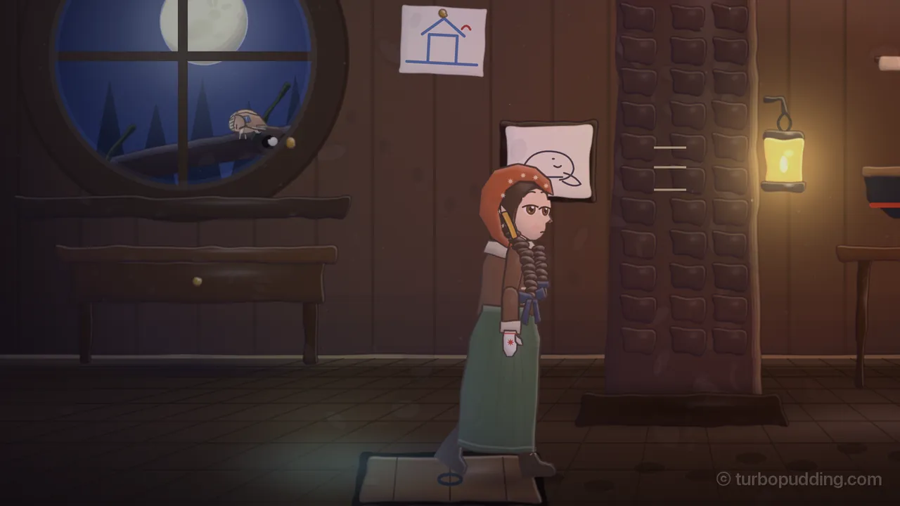 Opi’s treehouse at night: Daina, in an orange hood with white dots, a brown winter coat, a long green skirt and white mittens with a red star, walks to the right across the plank floor over a small trapdoor, toward the thick trunk of the pine that rises through the middle of the room with three pale height marks on it. A lantern on a hook glows gold beside the trunk. On the left, a round window shows a full moon over dark pines and a jay asleep on a bough, above a little wooden table, and a child’s drawing of a house and a drawing of a beaver are pinned to the wall.