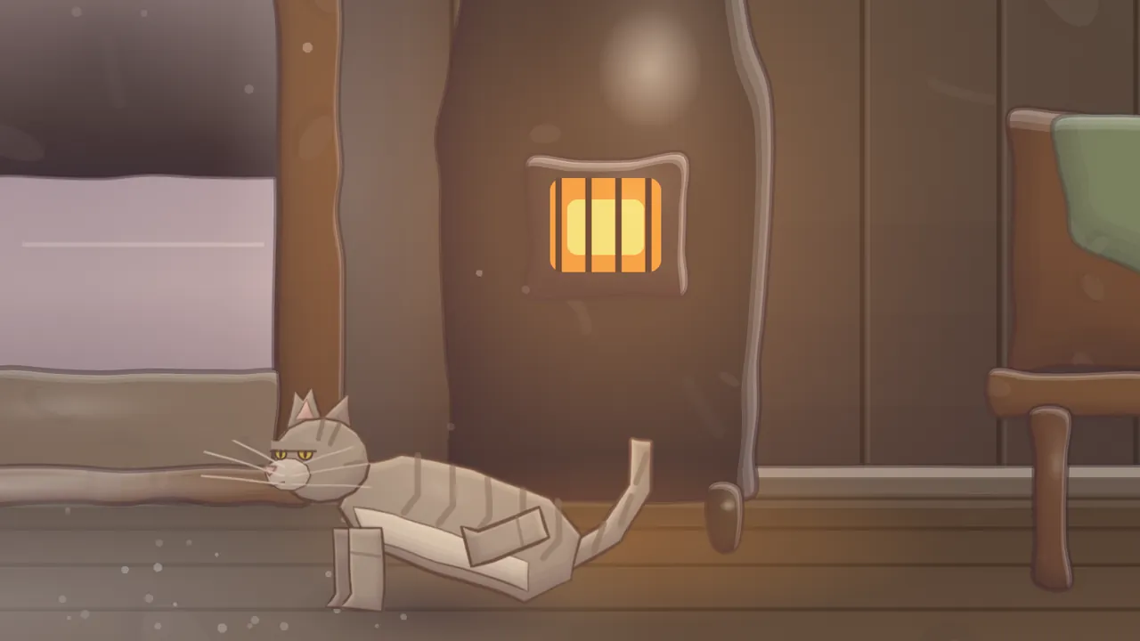 Inside a wooden customs shed, a gray striped tabby cat with half-closed yellow eyes and very long white whiskers sits low on the plank floor, tail up, in front of a tall iron stove whose little barred door glows orange; on the left an open doorway shows a pale pink winter light, and on the right stand the legs of a bench and a table with a green cloth