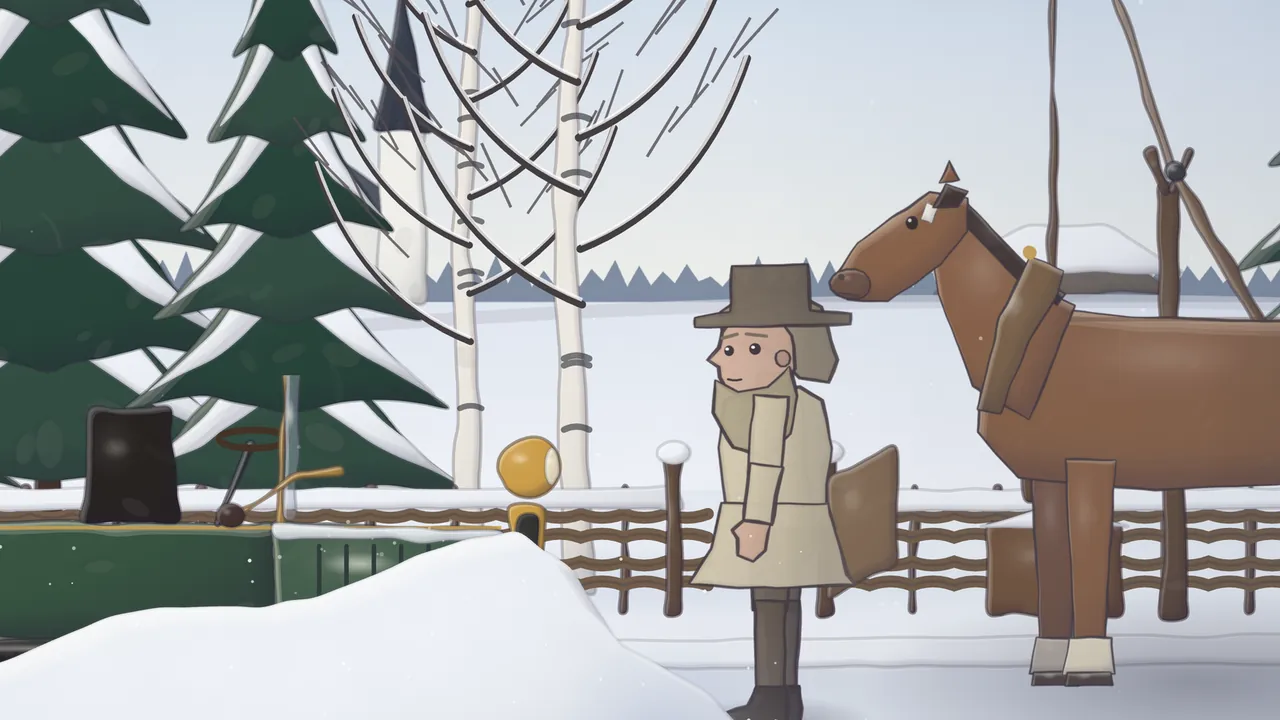 A snowy post road in Courland under a pale winter sky: a big bay-brown draft horse in a collar stands by a wattle fence with his head turned toward a man in a felt hat and a long pale coat, and on the left a green motorcar sits nose-deep in a snowdrift beside snow-laden fir trees and bare white birches
