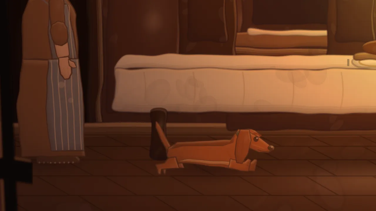A warm, lamp-lit dining room in a wooden villa: a long red-brown dachshund with ears that nearly touch the floor lies stretched out on the floorboards under a long table with a white tablecloth, his nose pointing right; on the left stands a woman in a long dark skirt and a striped apron, seen from the waist down, and behind the table the wall glows golden in the light of a hanging lamp