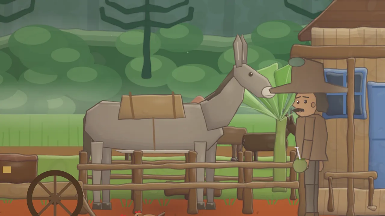 A gray-brown mule with a pale muzzle, very long ears and a light wooden pack saddle stands behind the rails of a wooden corral and stretches her nose toward a man in a wide-brimmed hat with a dark mustache, who holds a gourd with a metal straw; a big green fan of leaves rises between them, a wooden cart wheel stands on the left, and behind them are rounded green bushes, tall layered pine trees and the blue door of a wooden house on the right