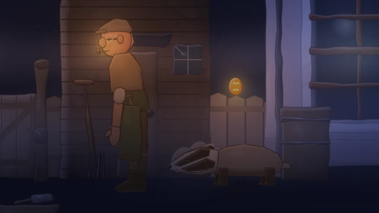 Night in the sanatorium garden: a gray badger with a black-and-white striped face, built like a footstool, walks along the foot of a picket fence toward a barrel, while the gardener, a stout man in a flat cap with round glasses and a pipe glowing in his mouth, stands in front of a wooden shed in a green apron; a small lantern with a carved face glows orange on the fence, and a tall window of the sanatorium shines faintly blue on the right