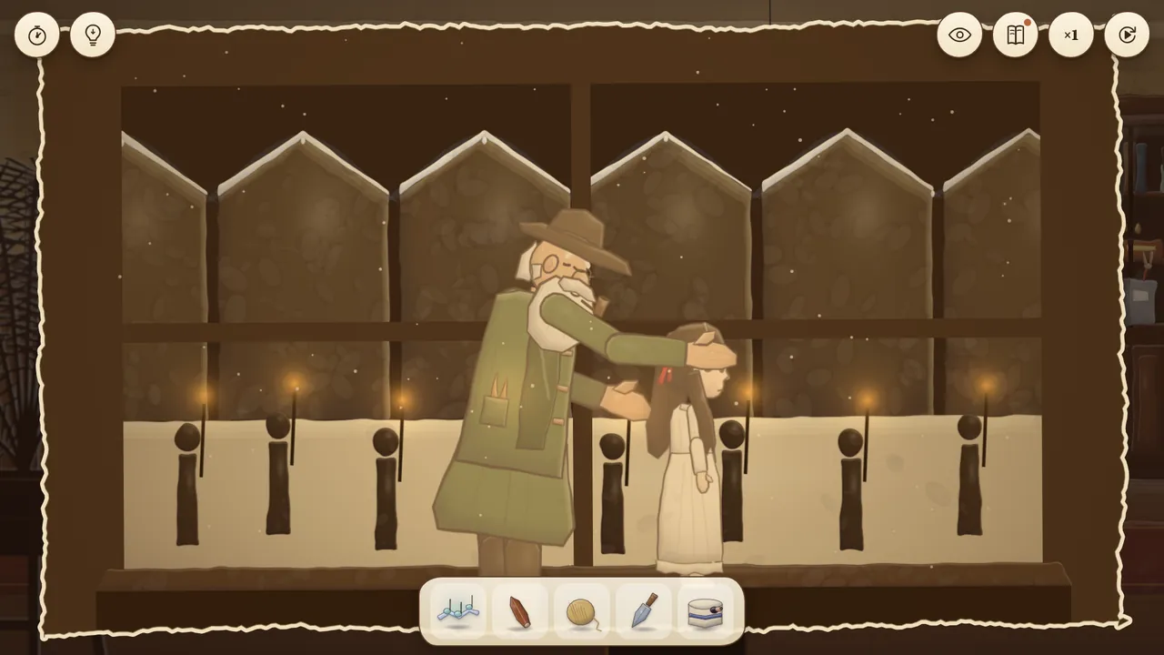 A sepia memory in Fernevale: Opi, a bearded man in a hat, covers young Daina’s eyes at a window on a snowy night