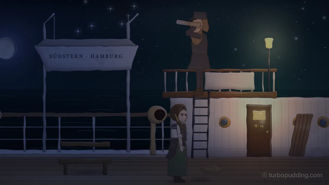 The Südstern’s stern at two in the morning under a dark blue-green sky full of white stars, with a pale moon low at the left: Kuhn, the second mate, a bearded man in a dark coat and a peaked cap, stands up on the railed bridge wing above a white deckhouse and holds a rolled-up star atlas to his eye like a telescope, aimed out over the sea; a yellow lantern on a pole glows beside him; down on the deck at the foot of the ladder stands Daina, in a white blouse with a sailor collar, a dark shawl at her waist and a long green skirt, her dark plaits coiled over her shoulder and a pencil behind her ear, looking sleepy and unimpressed; a lifeboat marked SÜDSTERN · HAMBURG hangs on its davits at the left over an empty bench, and the cabin door numbered II · 14 is lit warm gold