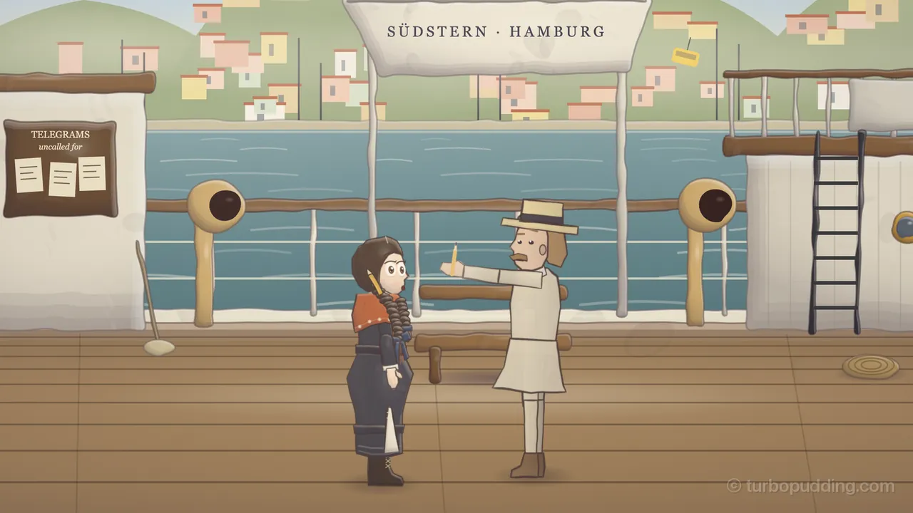 The third-class stern of the Südstern on a sunny day off Lisbon, with a blue river and green hills covered in small pink, yellow and white houses behind the rail: Mr. Grayle, a tall thin man with a sandy mustache, a straw boater with a dark band and a cream linen suit, stands at the right and holds a yellow pencil out at arm’s length toward Daina, squinting at it as if measuring a tree; Daina, a girl with long dark plaits coiled down her front, a pencil tucked behind her ear, an orange knitted shawl over a long dark dress, stares back at him with her mouth open in surprise; behind them a lifeboat marked SÜDSTERN · HAMBURG hangs on its davits, two brass ventilators rise by the rail, a board marked TELEGRAMS uncalled for hangs on the purser’s deckhouse at the left, and a ladder climbs a white deckhouse at the right