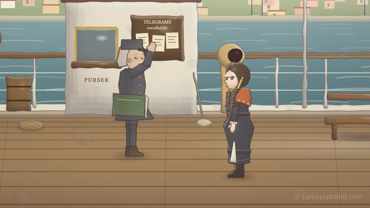 The purser’s deckhouse on the Südstern on a sunny day off Lisbon, with the blue river and a hillside of pink and yellow houses behind the rail: Pfeil, the purser, an older man with white hair, round gold pince-nez and a tall dark peaked cap, in a dark blue uniform coat with brass buttons, has an enormous green ledger tucked under one arm and reaches up with the other hand to pin a paper to a brown board marked TELEGRAMS uncalled for, which already holds three notes; a window with a gold frame and a PURSER sign sit beside him on the white wall; Daina, in a long dark dress with an orange knitted shawl over her shoulders, her dark plaits coiled down her front and a pencil behind her ear, stands at the right by a brass ventilator, watching him with a stern face