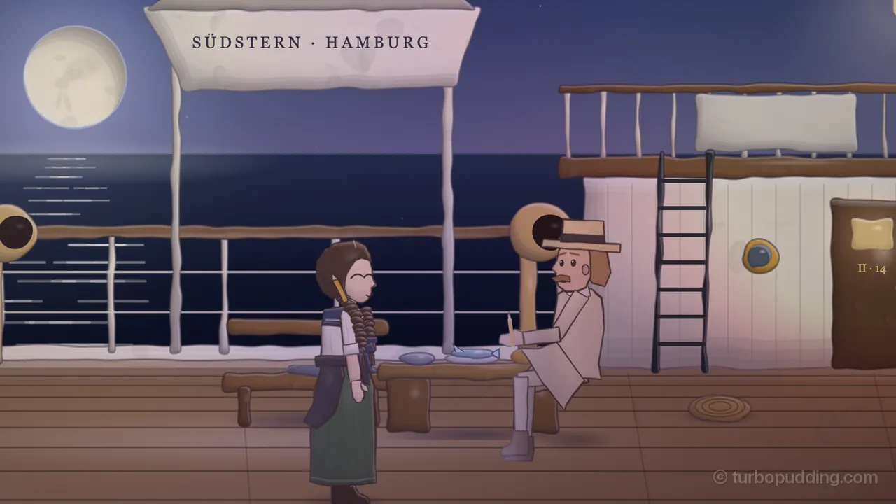 Supper on the third-class stern of the Südstern at dusk under a big pale full moon that lays a path of light on the dark sea: Mr. Grayle, a tall man with a sandy mustache, a straw boater with a dark band and a cream linen suit, sits at the end of a low wooden table and holds a yellow pencil upright beside his plate, where a small blue flying fish lies next to a blue bowl; Daina, with long dark plaits coiled over her shoulder, a pencil tucked behind her ear, a white blouse with a sailor collar, a dark shawl tied at her waist and a long green skirt, stands on the other side of the table smiling with her eyes shut; behind them a lifeboat marked SÜDSTERN · HAMBURG hangs on its davits, a brass ventilator rises by the rail, and a white deckhouse with a ladder, a round porthole and a cabin door numbered II · 14 glows pink in the last light