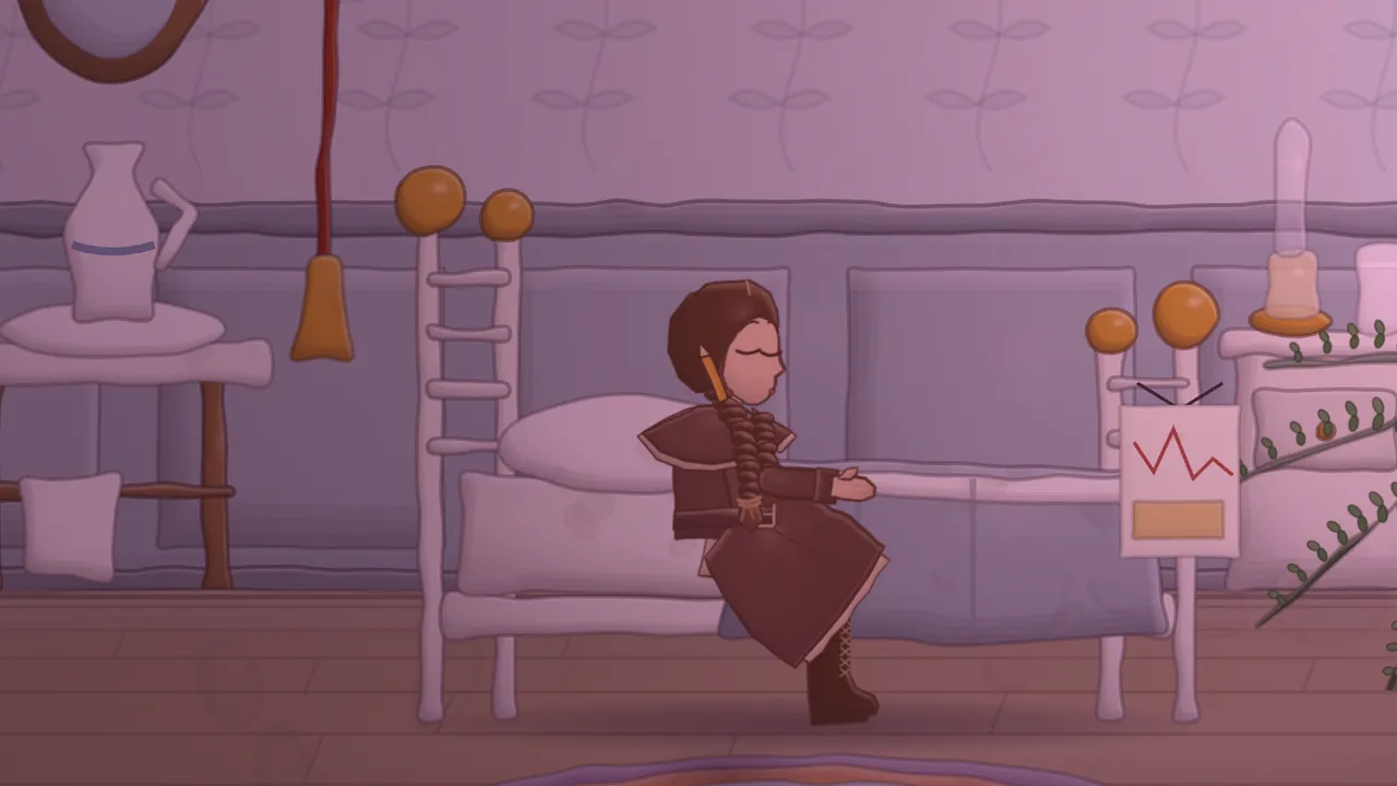 Daina, a girl with two long dark braids and a pencil tucked behind her ear, sits on the edge of her iron bed in Ward Seven in a dark robe with a cape collar, eyes closed and lips pursed as she hums; the room is washed in pink and lilac dusk light, with brass knobs on the bed frame, a temperature chart hanging from the foot rail, a water jug on a side table, a bell pull with a tassel and a lamp on the night table behind her