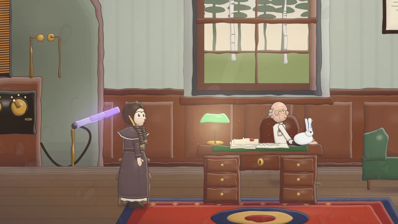 Daina, in a long gray-brown robe with a cape collar and two braids, stands surprised in Dr Fell’s consulting room beside his apparatus, a wooden cabinet with three brass knobs and a glowing violet glass tube on a stand; behind a desk with a green-shaded lamp, papers and a letter with a red seal sits Dr Fell, a bald man with gray side whiskers, glasses and a white coat, next to a white porcelain hare, with a tall sash window full of birch trees behind him and a green couch on the right