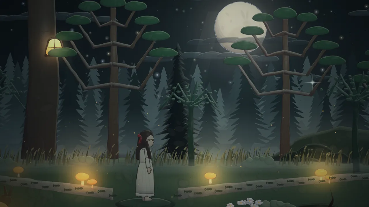 Daina, a girl with long dark hair and a red ribbon, stands barefoot in a white nightgown in the dream forest at night, among tall trees with flat round tufts of needles on bent branches, glowing orange mushrooms along a path of pale stones and a few white daisies, with a warm lit window high in a huge tree trunk on the left and a full moon with a faint hare on it shining between the branches