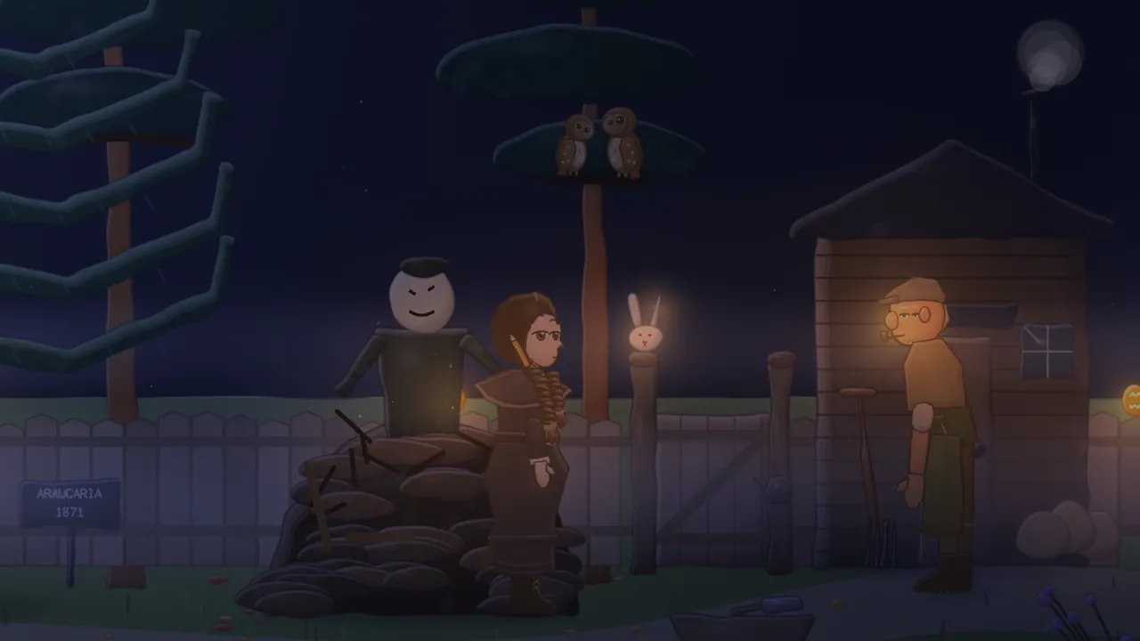 Night in the Pine Hollow garden: two brown tawny owls with pale speckled chests sit side by side on a branch of a tall pine, under them Daina in a dark dress and cape stands beside a bonfire heap with a grinning stuffed guy on top, a glowing white hare peeks over a fence post, and Mr Hatch, an old gardener in a cap with a pipe and a lantern glow on his face, stands by his wooden shed with a smoking chimney, with a carved lantern glowing on the fence and a plant label reading Araucaria 1871