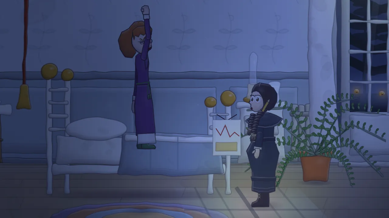 Ward Seven at night in cold blue light: Win Ashby, with a bonfire of red hair, round glasses and a long purple dress, stands on top of Daina’s bed with one fist raised high and a fierce glare, while Daina, in a dark dress with a cape collar and two braids, stands by the foot of the bed with her eyes wide and her mouth open; behind them a big fern in a clay pot and tall French doors, with small carved lanterns glowing in the garden beyond the glass