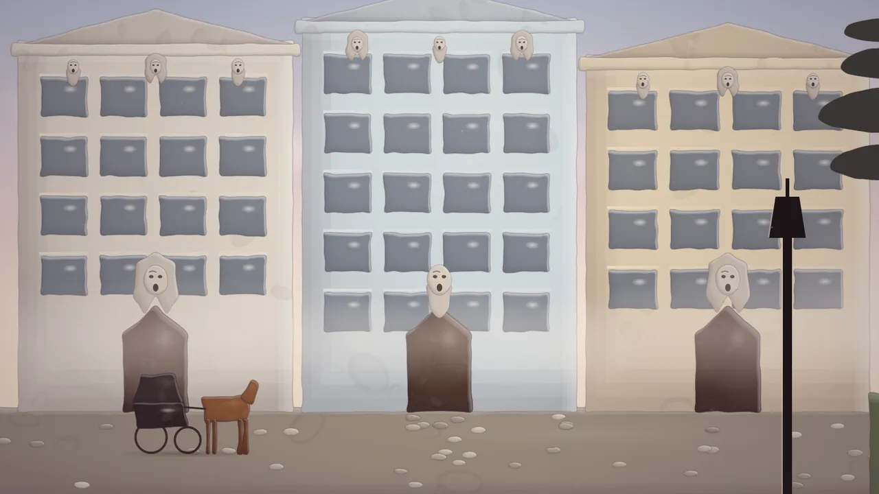 A street of tall pale apartment houses in cream, pale blue and yellow under a misty pink morning sky, a carved stone face with stone hair or a stone beard over each dark doorway and smaller faces under the eaves, a small black cab pulled by a brown horse on the cobbles and a black street lamp in front