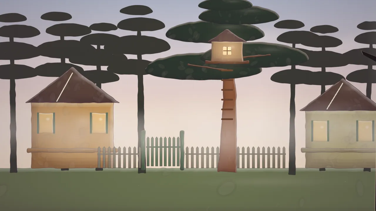 Morning in a pine wood: tall dark pines, two wooden villas with lit windows behind a picket fence, a green gate, and in the middle an old pine with a little wooden house high in its branches and slats nailed up its trunk