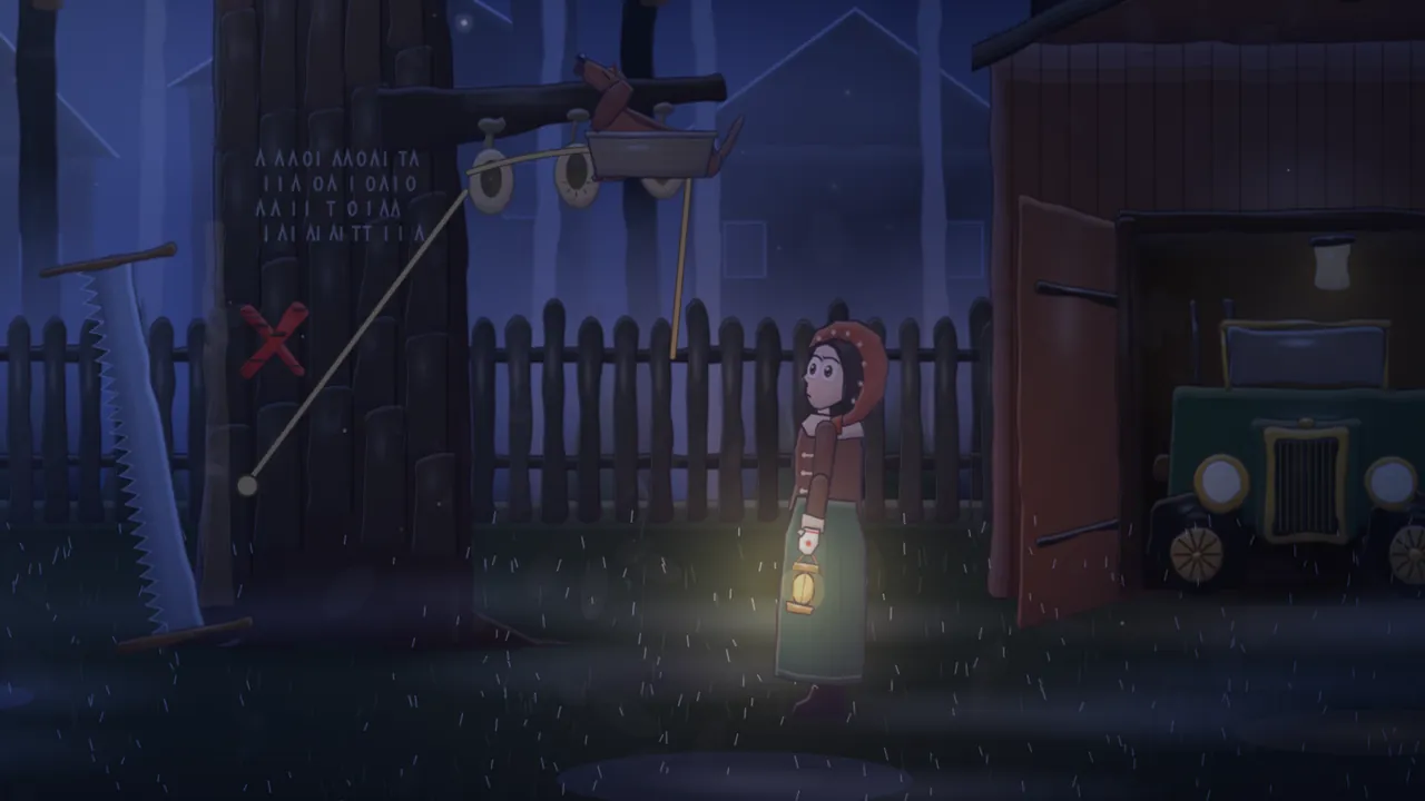 Night in the garden: Daina in a terracotta shawl over her head and white mittens holds a glowing lantern, looking up at a huge pine with a red chalk cross on its bark and a long two-man saw leaning against it, a basket carrying a dachshund rising up the trunk on a rope, and a green motor car in an open garage on the right