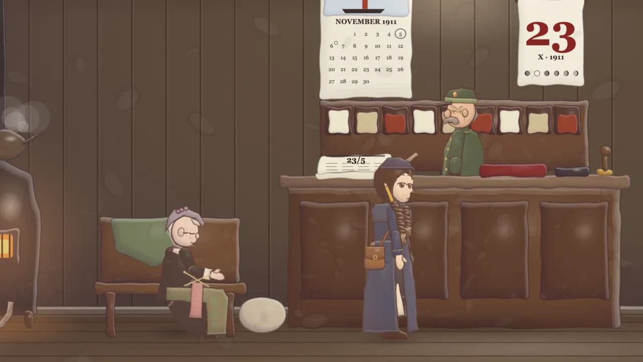 A wood-paneled customs shed: Daina in a long navy coat with a satchel stands at a high counter, behind it an official with a gray mustache in a green uniform cap, and on the wall a Wilson Line calendar for November 1911 with the 5 circled and a tear-off calendar showing a large red 23 and X 1911; an old woman knits on a bench by the stove