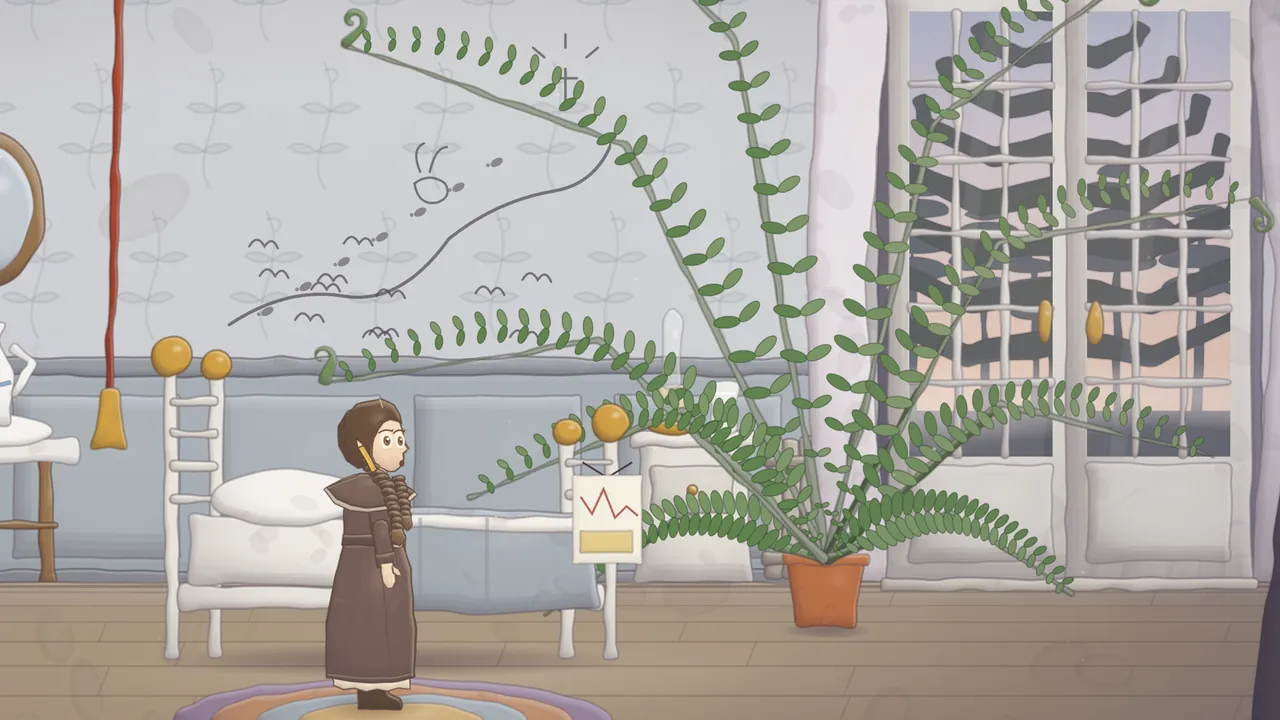 Daina’s room at Pine Hollow in the early morning, where Daina, in a long brown dressing gown, stands surprised beside her bed with brass knobs and a chart on the rail, while a huge bright green fern grows out of an orange pot by the wall and spreads its fronds all the way up and across the ceiling, and on the wallpaper beside it a big pencil drawing shows a path winding over a hill, with birds, a hare, footprints and a small lamp, next to tall French windows with the dark silhouette of a monkey puzzle tree against the dawn sky and a red bell pull hanging by the bed