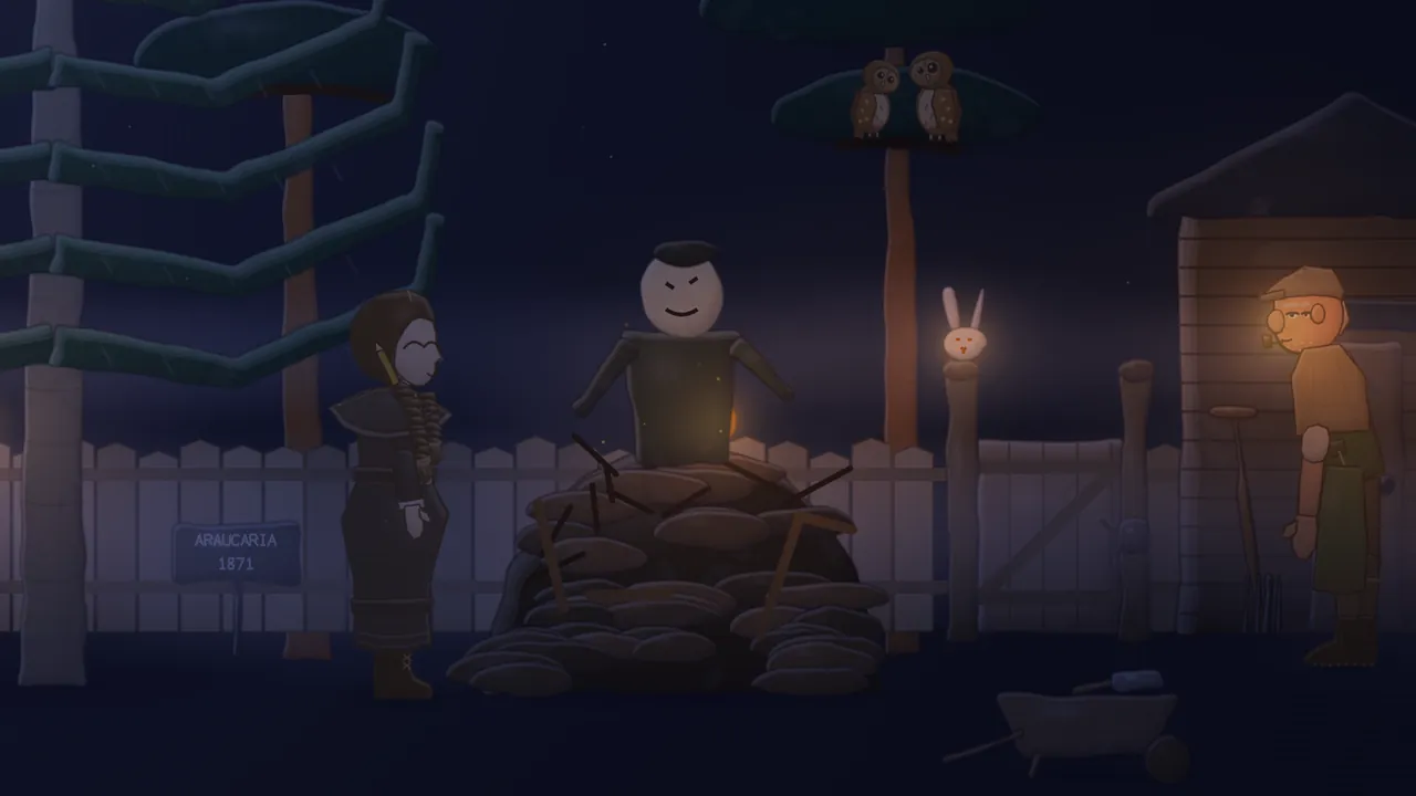 The garden at Pine Hollow at night under a dark blue sky, where Daina, in a dark dress with a cape and her long plait over one shoulder, smiles with her eyes closed by a small sign reading ARAUCARIA 1871 at the foot of a monkey puzzle tree, while in the middle a Guy with a round white face, a black cap and a sly grin sits on a big heap of brushwood and sticks, two owls perch side by side on a branch at the top, a glowing white lantern with long hare ears sits on a gatepost by the fence, and on the right Mr Hatch, in a cap and round glasses with a pipe, stands lit orange by his lantern at the door of a wooden shed, with a wheelbarrow in the grass in front