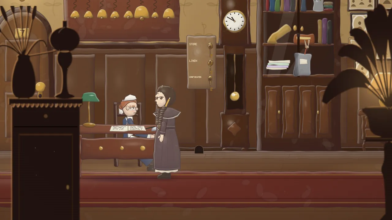 The corridor at Pine Hollow in warm lamplight, where Daina, a girl with a long brown plait and a pencil behind her ear, in a long dark gray dressing gown with a cape collar, stands by Sister MacRae’s desk while Sister, in a white cap and round glasses, writes in an open duty book under a green-shaded lamp, with a row of brass bells on curly springs high on the wall above them, a small key board with hooks marked STORE, LINEN and CONFISCATED, a grandfather clock, a tall bookcase with books and a gray bag, and dark silhouettes of a vase of reeds and a potted palm in the foreground