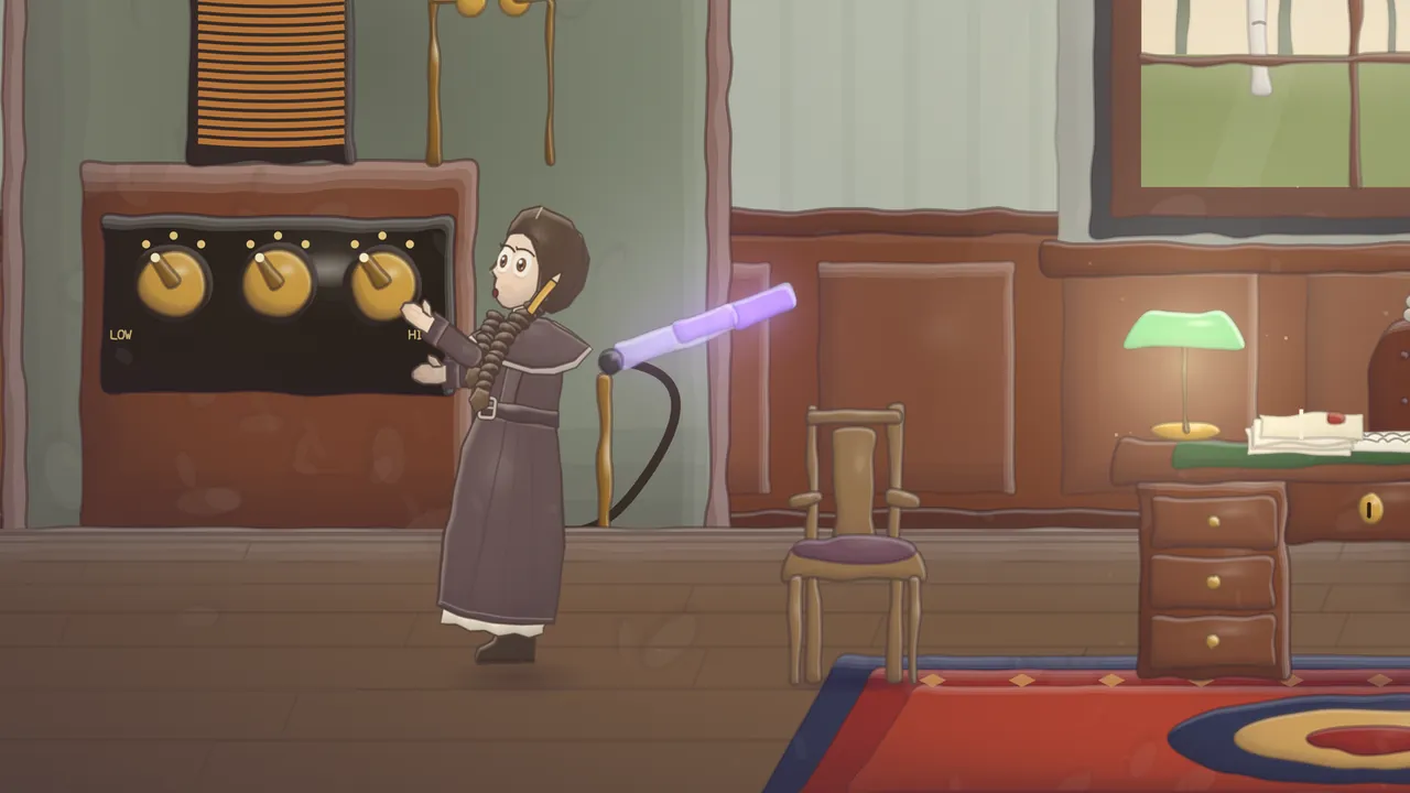 In Dr Fell’s consulting room, with green walls, wood paneling and a plank floor, Daina, a girl with a long brown plait and a pencil tucked behind her ear, wearing a long dark brown dressing gown with a cape collar, jumps back wide-eyed with her mouth open from a dark wooden cabinet with three big brass knobs on a black panel marked LOW and HIGH, while a purple glass tube on a stand beside her glows and a black cable curls to the floor, with a wooden chair, a desk with a green-shaded lamp and papers, a red rug and a window onto pale birch trunks on the right