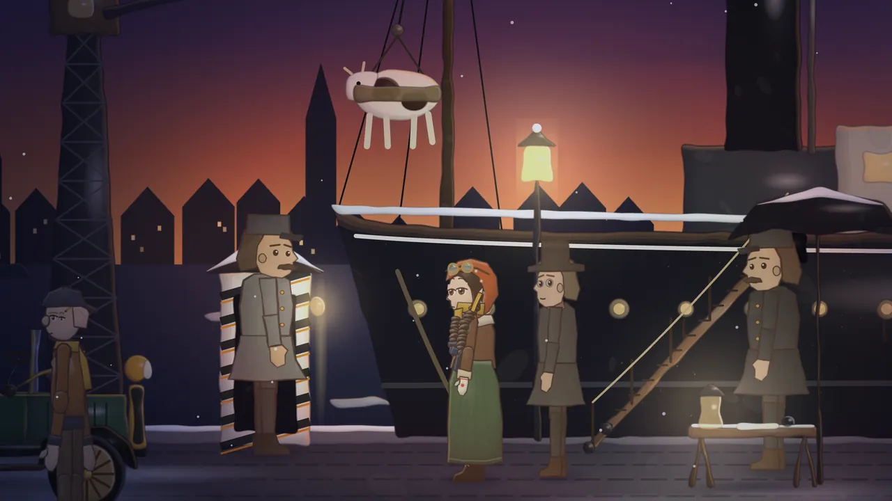 The quay at Libau at dusk under an orange and violet sky with a few snowflakes: a cow hangs in midair in a sling from a crane over the bow of a small black steamer with round lit portholes; in the middle stands Daina in a red kerchief with driving goggles pushed up on top, a yellow scarf, a brown coat and a green skirt; beside her a gendarme in a gray greatcoat and a tall cap stands in front of his black and white striped box, a young clerk in a dark hat and coat waits by the gangway, and the purser in a dark coat stands under a black umbrella by a little table with a lamp; on the far left, Teo stands by the green motorcar, and a lamppost glows between the roofs of the town and its tall church spire