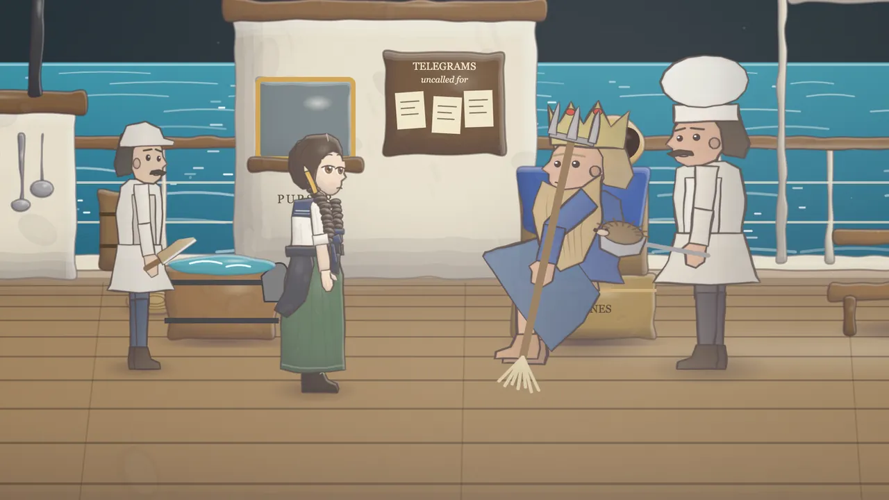 The third-class stern of a steamer near the equator, with a teal sea behind the white rail: Daina, a girl with long dark braids and a pencil behind her ear, in a white blouse with a sailor collar, a green skirt and a dark cape tied round her waist, stands by a tub of seawater; beside the tub a barber in a white cap and apron holds a big wooden razor; on the right, Neptune, a man in a long rope beard and a tin crown, sits in a blue robe on a throne of crates with a mop for a trident, and next to him a cook in a tall white hat holds out a ladle with Pudding, a small brown hedgehog, sitting in it; behind them stand the purser’s cabin with a board of telegrams and the white galley with ladles on hooks