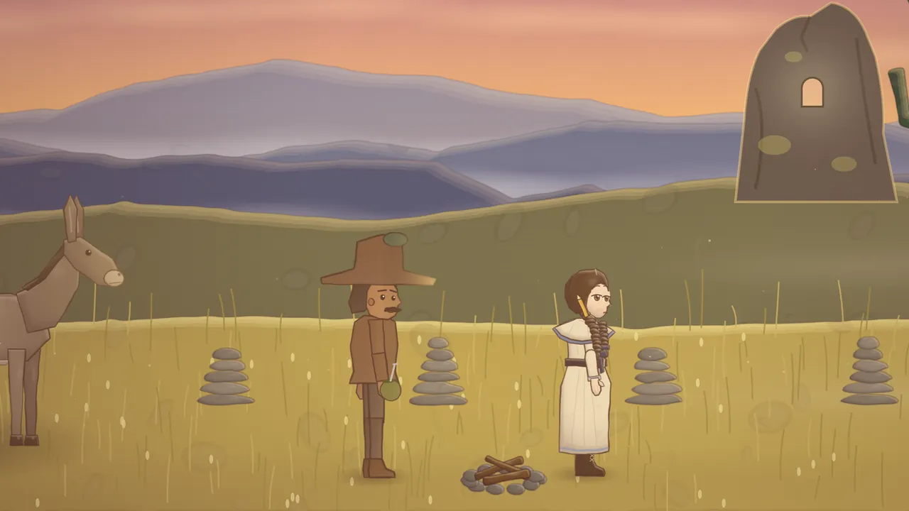 A mountain pass at sunset under a peach and pink sky, with layers of blue-violet ridges behind: on the right a tall gray rock with an arched hole near the top stands against the sky; in the golden grass in front, four cairns of flat gray stones stand in a row; Daina, in her long white linen dress, stands beside a ring of stones with crossed sticks for a fire, facing right toward the rock; to her left stands Bento in his wide brown hat with a green gourd in his hand, and at the far left Teimosa, a gray-brown mule with a pack saddle, looks on